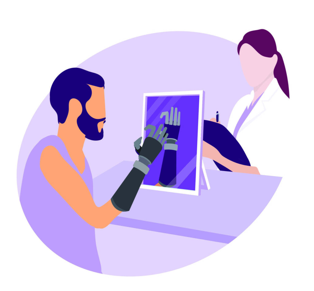 Illustration female doctor with a man with prosthetic arm